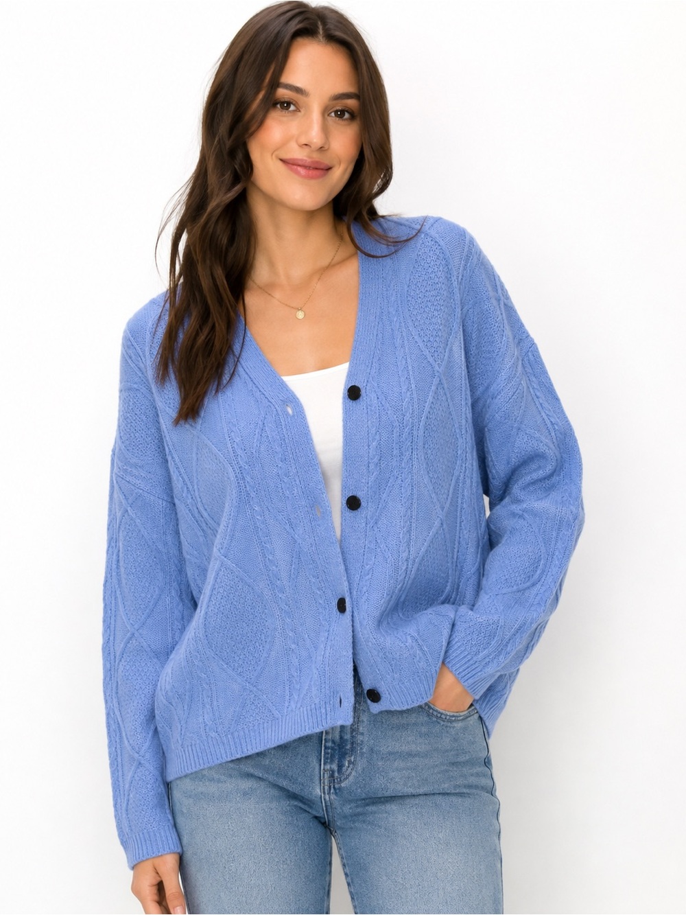 100% sheep wool Relaxed V-Neck Cable Knit Cardigan in Periwinkle Blue L